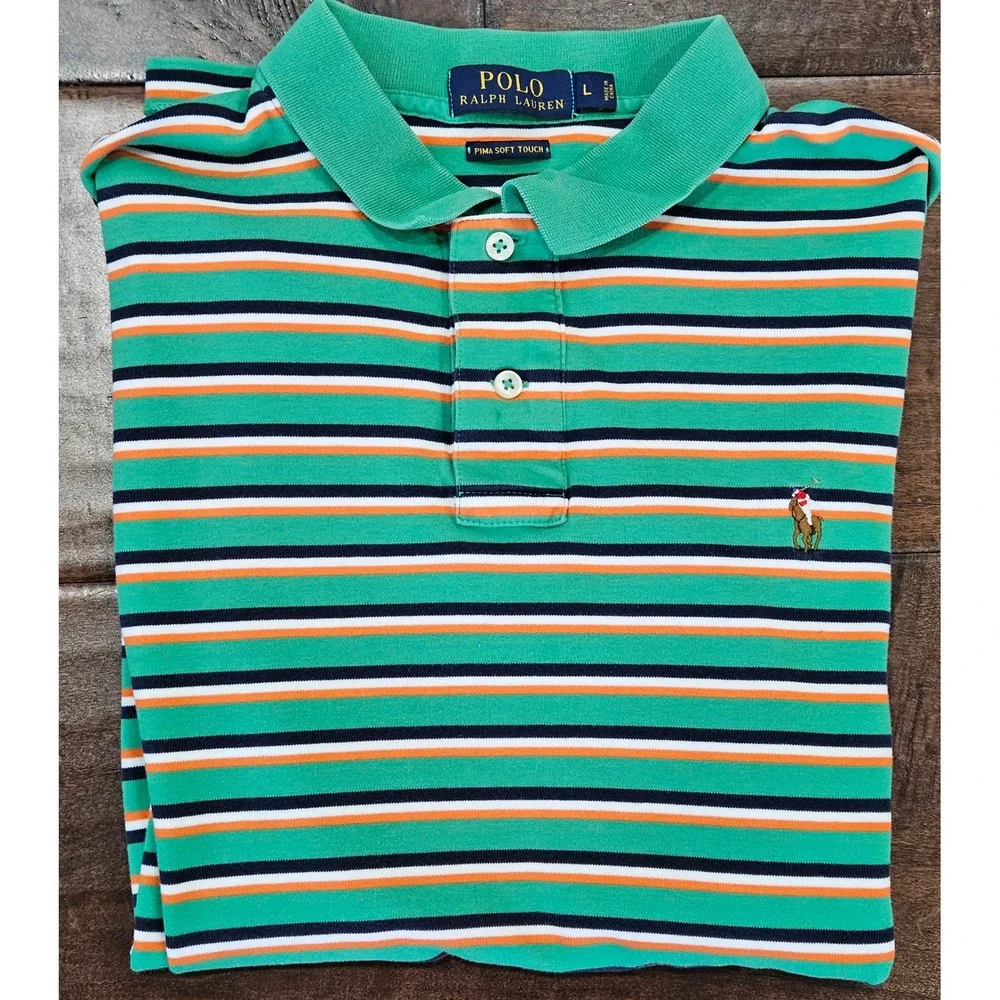 VTG 90's PREPPY Polo Ralph Lauren Pima Soft Striped Polo Shirt FLESH PONY Mens L